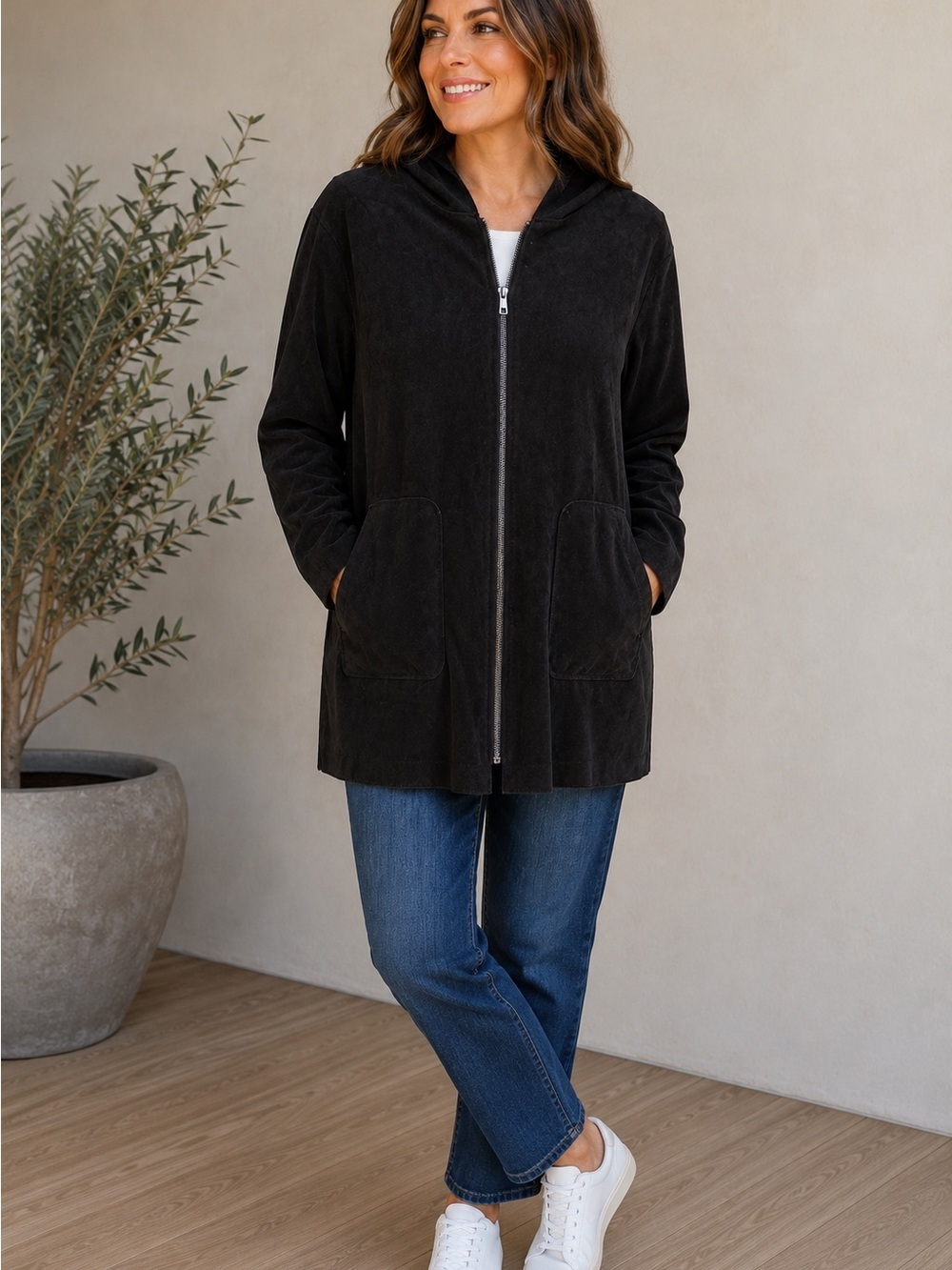 Joan Vass New York Black Faux Suede Hooded Zip-Up Jacket, Size Large